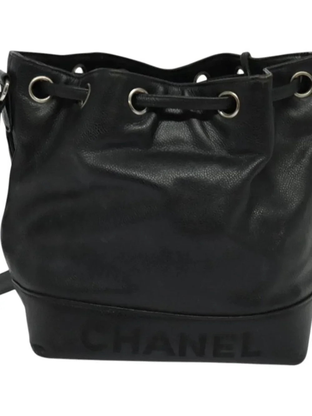 CHANEL Shoulder Bag Grained Calf Skin Black Silver CC Auth BA125